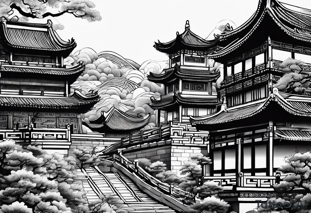 Chinese wall, realistic, art
,outlines tattoo idea