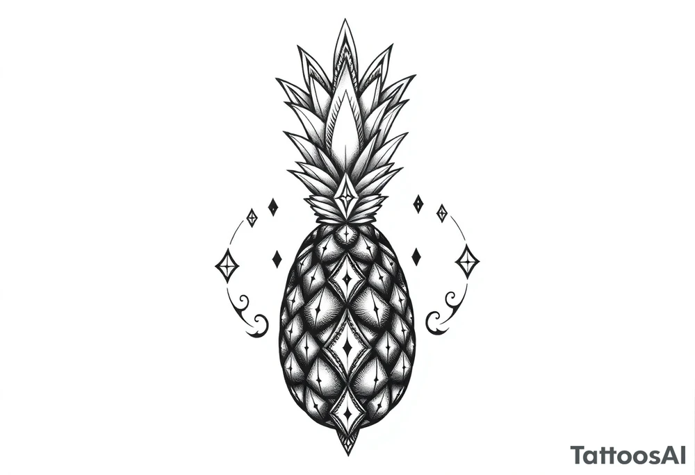 Design around a vagina and anus using a pineapple with diamonds and magestic, crown, vagina, anus, pubic tattoo idea