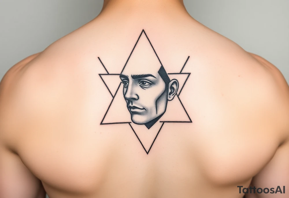 Abstract human face in fine-line style, partially inside overlapping geometric shapes like triangles and circles. Symbolic of thought, identity, and order. tattoo idea