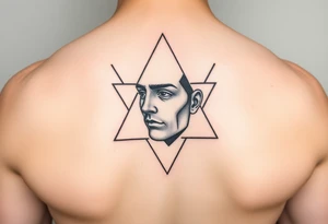 Abstract human face in fine-line style, partially inside overlapping geometric shapes like triangles and circles. Symbolic of thought, identity, and order. tattoo idea