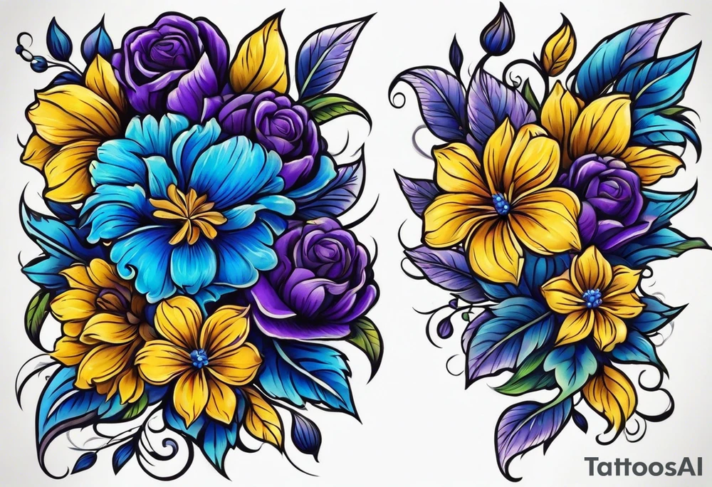 Blue yellow and purple flowers arm sleeve tattoo idea