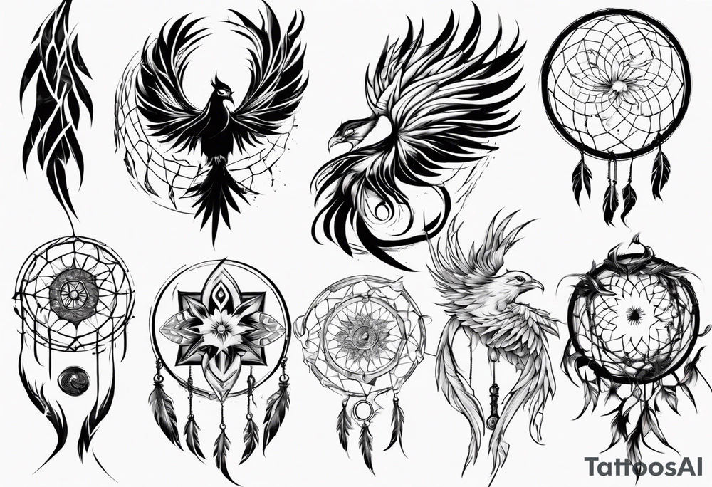 Vertical open mouthed Phoenix with abstract dream catcher tail tattoo idea