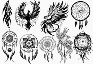 Vertical open mouthed Phoenix with abstract dream catcher tail tattoo idea