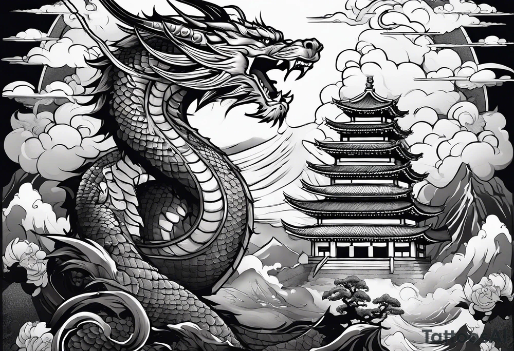 warrior beautiful fairy with a full body holding a sword and a full dragon and the background will be mountains, clouds, and a Japanese building tattoo idea
