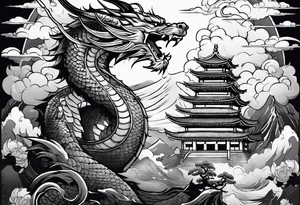 warrior beautiful fairy with a full body holding a sword and a full dragon and the background will be mountains, clouds, and a Japanese building tattoo idea