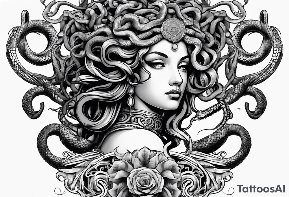 arm tattoo of Medusa as a statue with snakes for hair tattoo idea