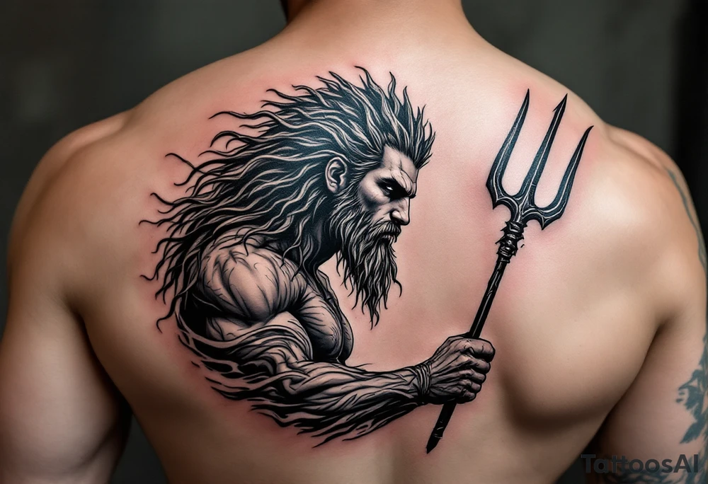fit poseidon, with trident, in water, looking at the horizon tattoo idea