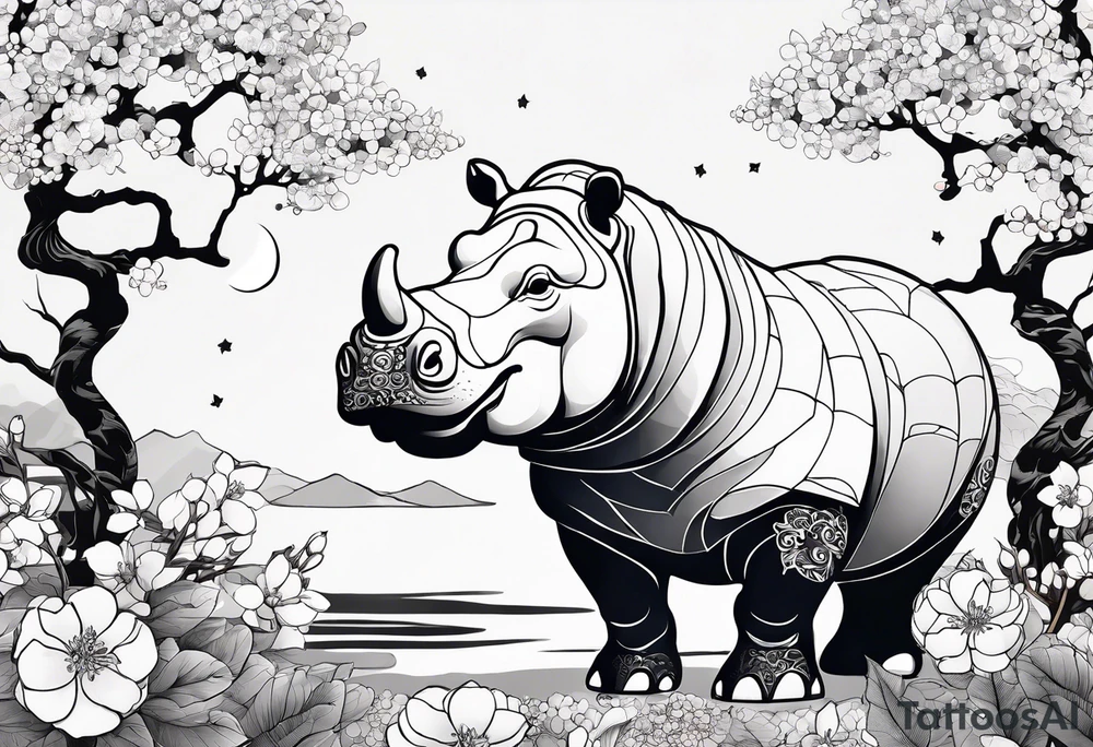 Asymmetrical, geometric, chinese ink art touch, hippo , full moon, wintersweet flower, light , modify from my favourite tattoo idea