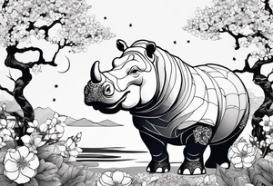 Asymmetrical, geometric, chinese ink art touch, hippo , full moon, wintersweet flower, light , modify from my favourite tattoo idea