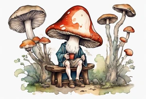 a medieval mushroom sitting on a stool drinking from a wood mug, laughing tattoo idea