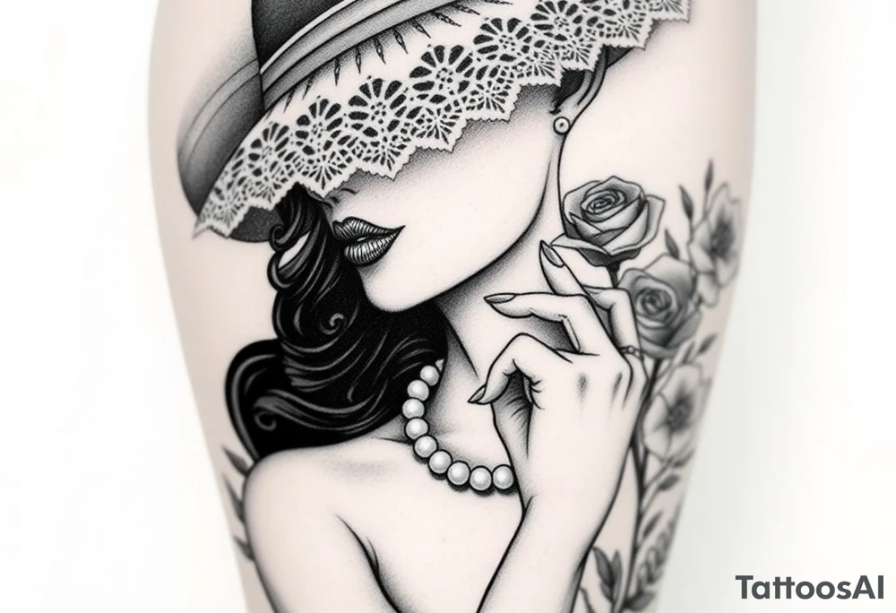 Black and white profile of woman with chin pressed on hand, hat with lace covering her eyes as she looks to the distance
, pearl necklace in her mouth with red lips flowers around her with one red rose standing out thigh tattoo tattoo idea