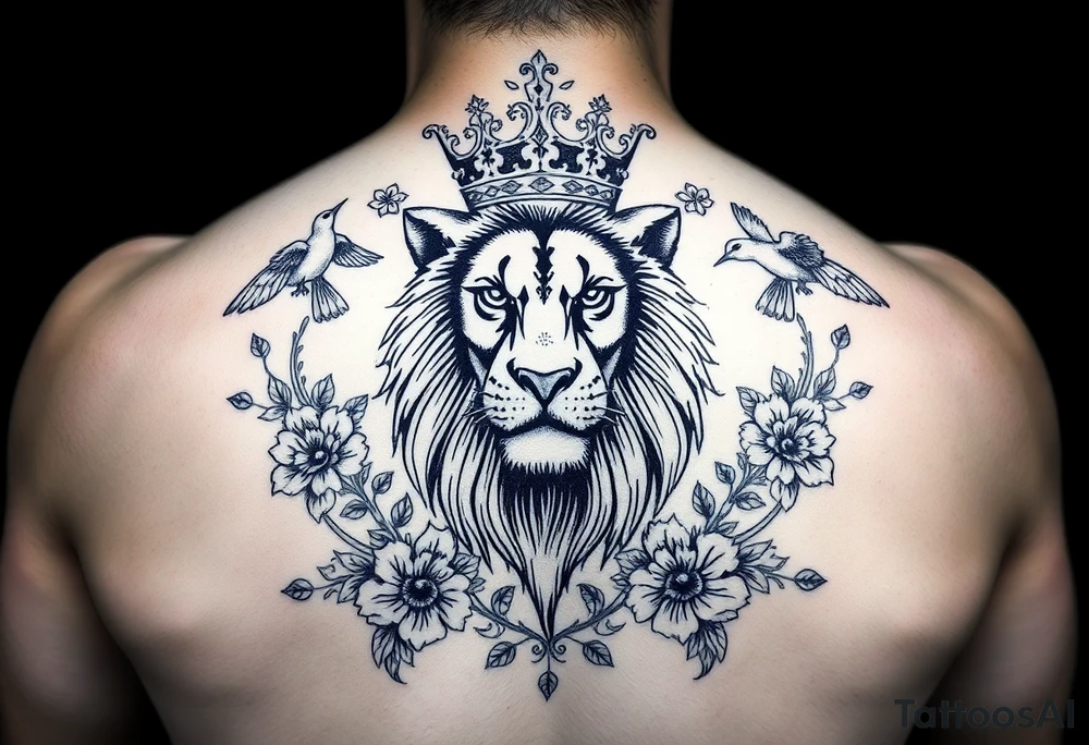 powerful majestic lion with a crown, surrounded by floral ornaments and birds tattoo idea