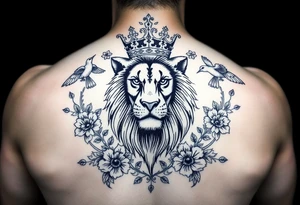 powerful majestic lion with a crown, surrounded by floral ornaments and birds tattoo idea