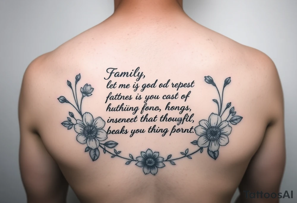 Meaningful quotes that has meanings such as family, love, kindness, fairness, respect, trust, loyalty, humour, honesty, hardworking, thoughtful, sharing and it has some flowers as a background or just around it tattoo idea
