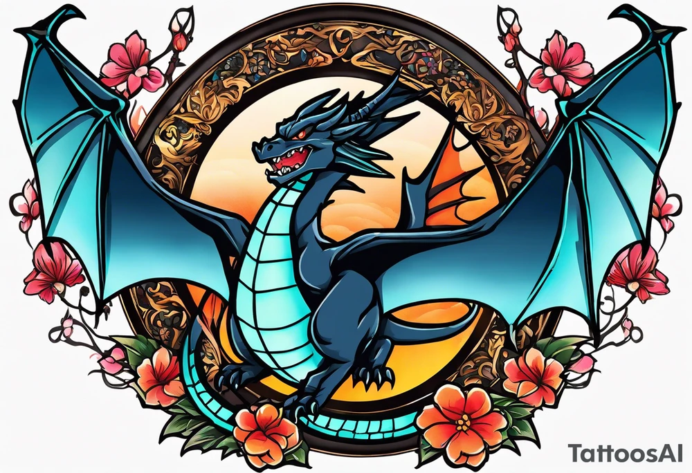 Makes an image that MIXES with lightsabers, charizard, nezuko kamado, or a ring, wands, dragons, WITH FLOWERS tattoo idea