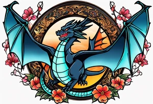 Makes an image that MIXES with lightsabers, charizard, nezuko kamado, or a ring, wands, dragons, WITH FLOWERS tattoo idea