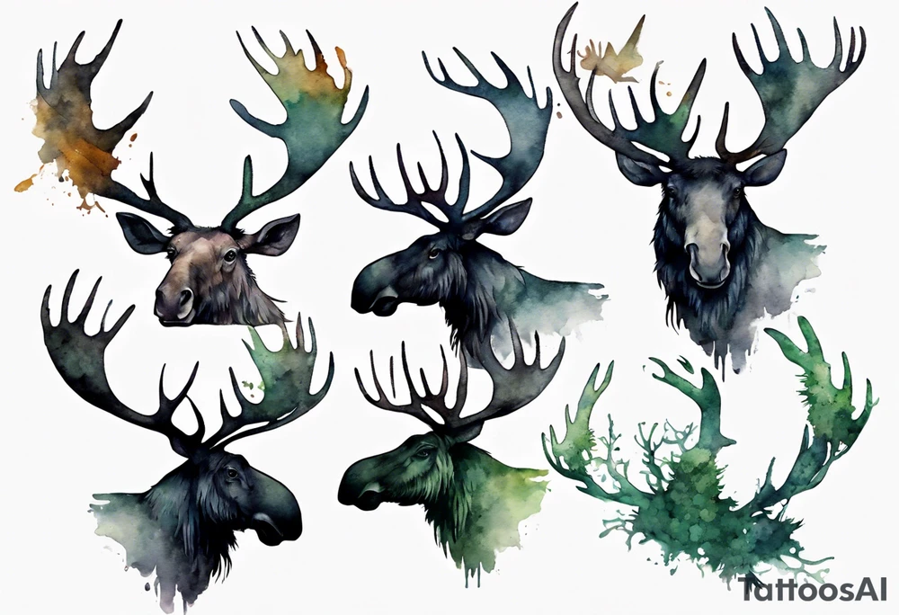 dark shadow birds perched on the antlers of a giant moose covered in moss tattoo idea