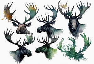 dark shadow birds perched on the antlers of a giant moose covered in moss tattoo idea