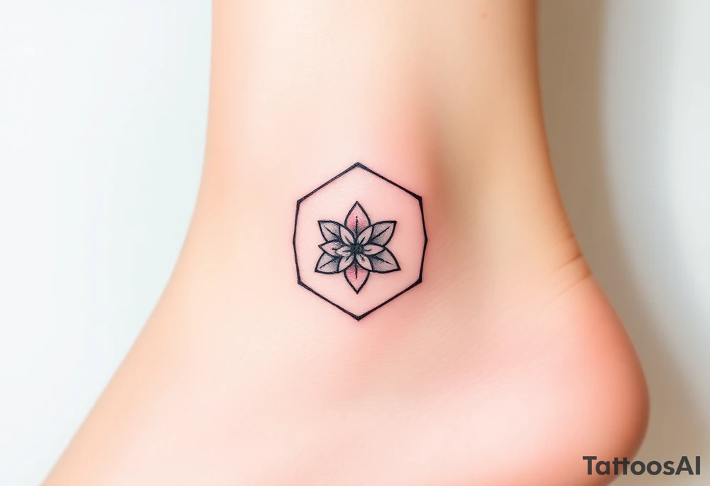 Faint Hexagon with astrological sign for Leo, larkspur and water lilies in the center tattoo idea