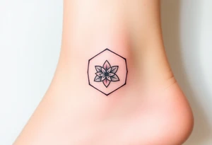 Faint Hexagon with astrological sign for Leo, larkspur and water lilies in the center tattoo idea