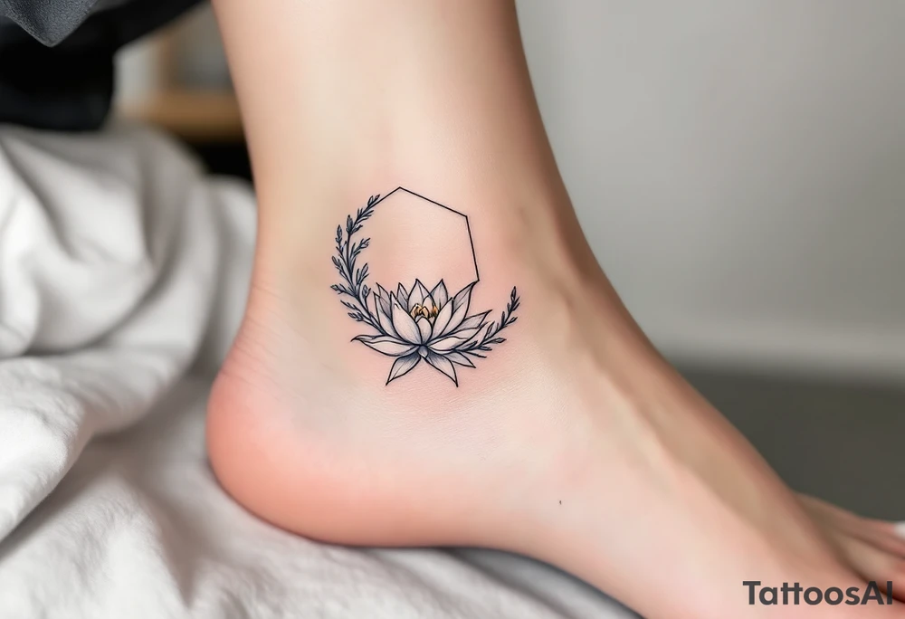 Leo sign, larkspur and water lily surrounded by a hexagon tattoo idea