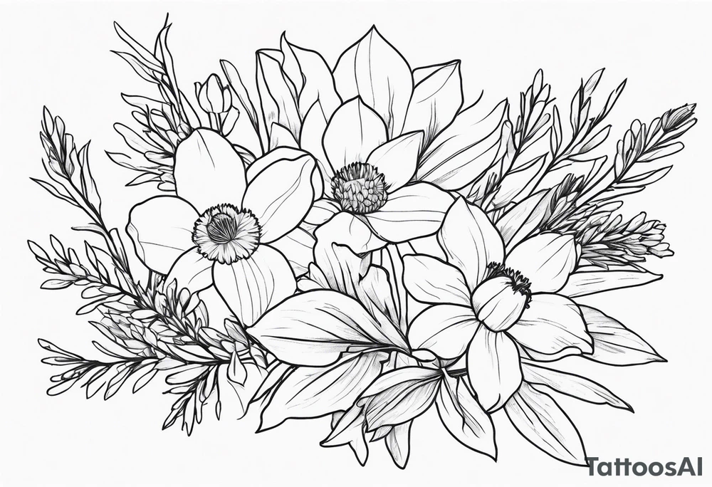 Simple, fine-line tattoo. Outline. Daffodil, pine sprig, aster, and willow sprig bouquet. tattoo idea