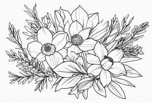 Simple, fine-line tattoo. Outline. Daffodil, pine sprig, aster, and willow sprig bouquet. tattoo idea