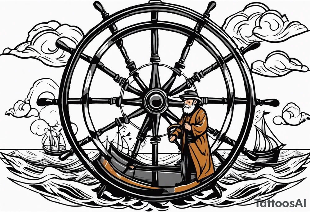 Old man turning ships wheel in a storm tattoo idea