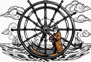 Old man turning ships wheel in a storm tattoo idea