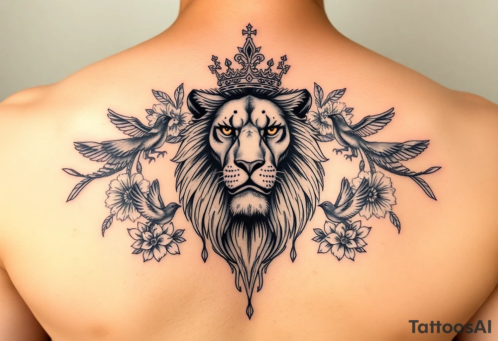 powerful majestic lion with a crown, surrounded by floral ornaments and birds tattoo idea