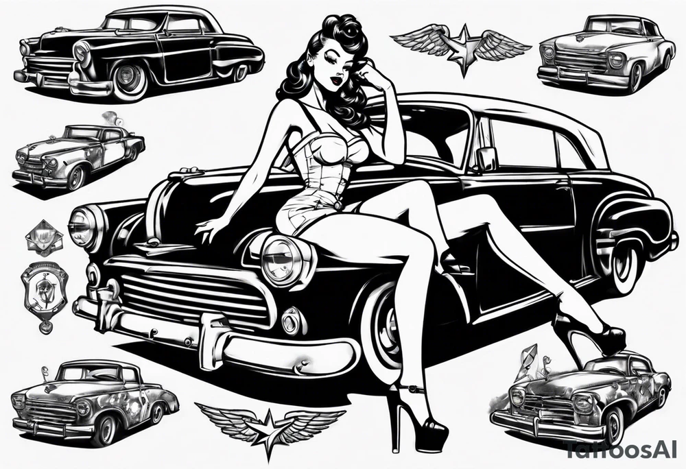 Topless pinup doll sitting on the hood of an old car tattoo idea