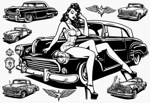 Topless pinup doll sitting on the hood of an old car tattoo idea