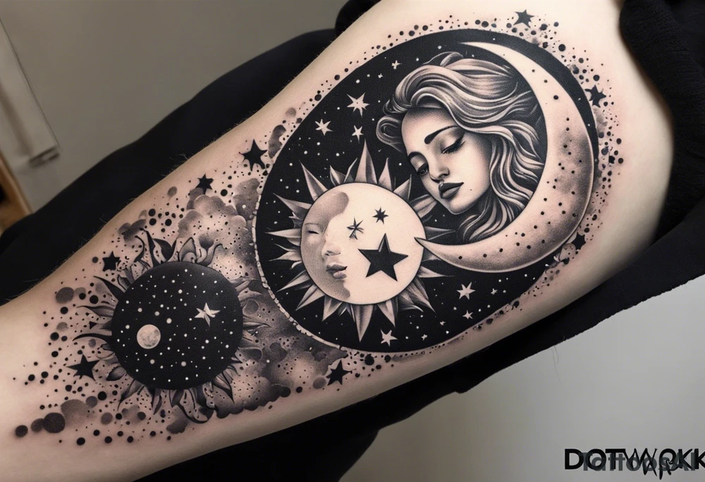 Collage for full left arm sleeve with:
a sun with a quarter moon, 
2 stars,
bass guitar, 
caduceus symbol tattoo idea