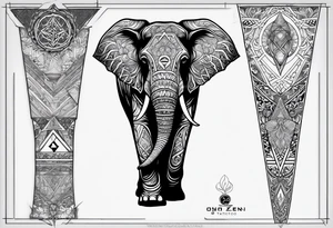 design full leg tattoo including zen, ayahuasca, Buddha, elephant, triangle, bird, and the “slowing down” card from osho zen tarot tattoo idea