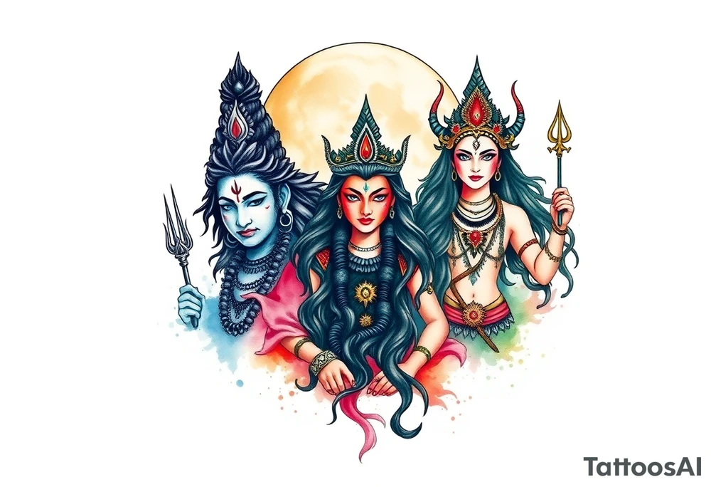 Lord Shiva, Godess Kali, Godess Lilith Together with the moon in the background tattoo idea