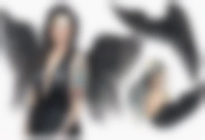 a beautiful 50 year old Dakota woman with pale skin wearing a black robe with black angel wings, bare feet tattoo idea