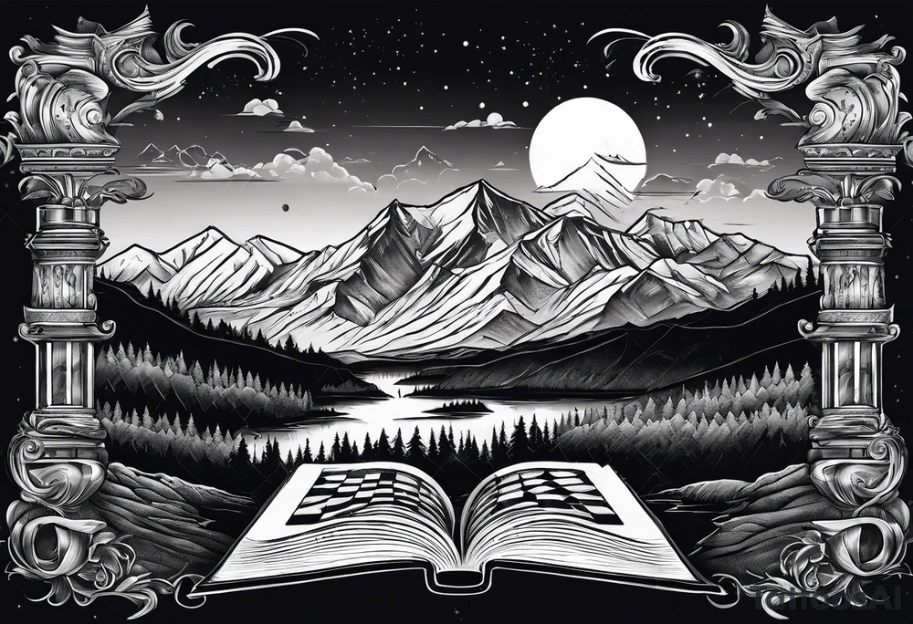 Books, chessboard with king and queen piece, background in a mountain night time tattoo idea