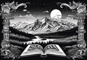 Books, chessboard with king and queen piece, background in a mountain night time tattoo idea