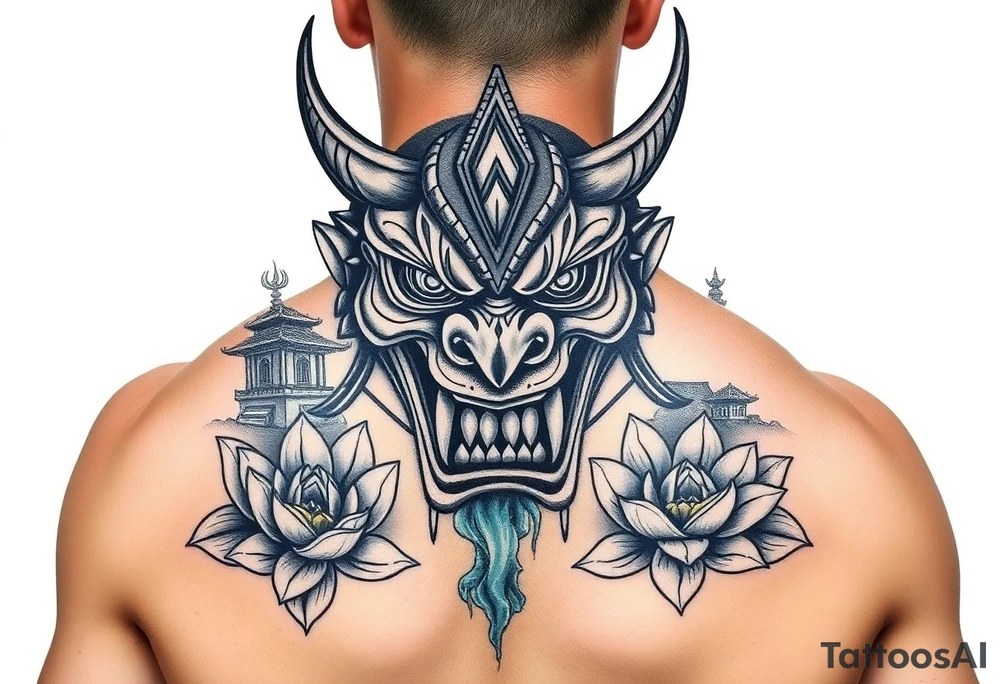 Vicious oni mask with temple in the background and water flowing through it. Lotus flowers. tattoo idea