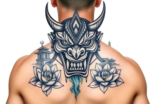 Vicious oni mask with temple in the background and water flowing through it. Lotus flowers. tattoo idea