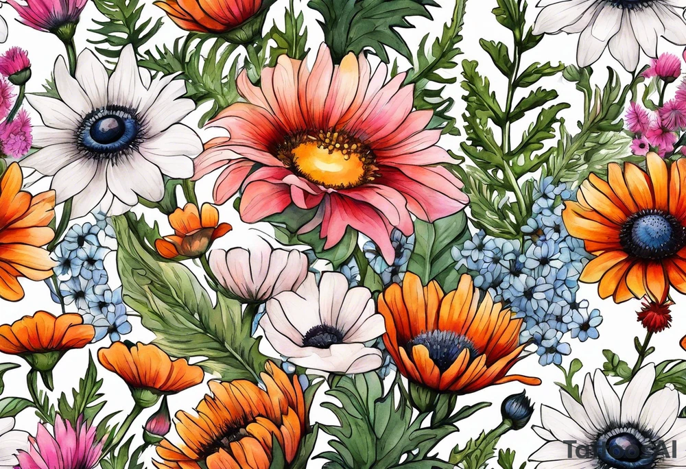 wildflower bouquet with thistles, ferns, white anemones, sun flowers, orange flowers, pink flowers, red flowers, babys breath and daisies all in watercolor tattoo idea
