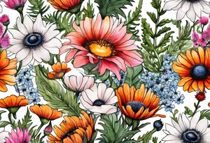 wildflower bouquet with thistles, ferns, white anemones, sun flowers, orange flowers, pink flowers, red flowers, babys breath and daisies all in watercolor tattoo idea