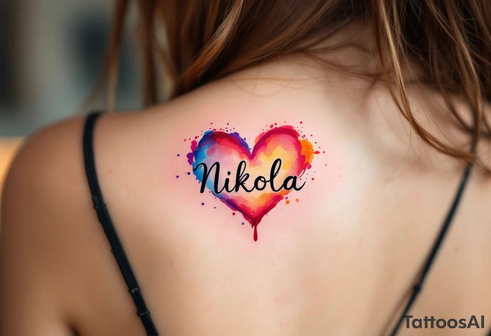 A colorful mini splashed heart, with vibrant hues of red, pink, blue, and yellow, and the name "Nikola" boldly displayed in a black modern sans-serif font. tattoo idea