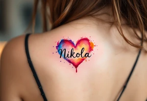 A colorful mini splashed heart, with vibrant hues of red, pink, blue, and yellow, and the name "Nikola" boldly displayed in a black modern sans-serif font. tattoo idea