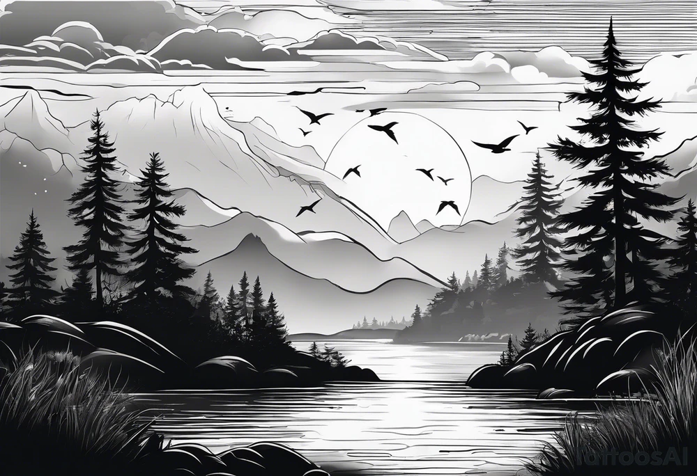 silhouette of landscape and fishingpole and line tattoo idea