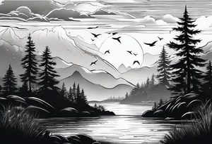 silhouette of landscape and fishingpole and line tattoo idea