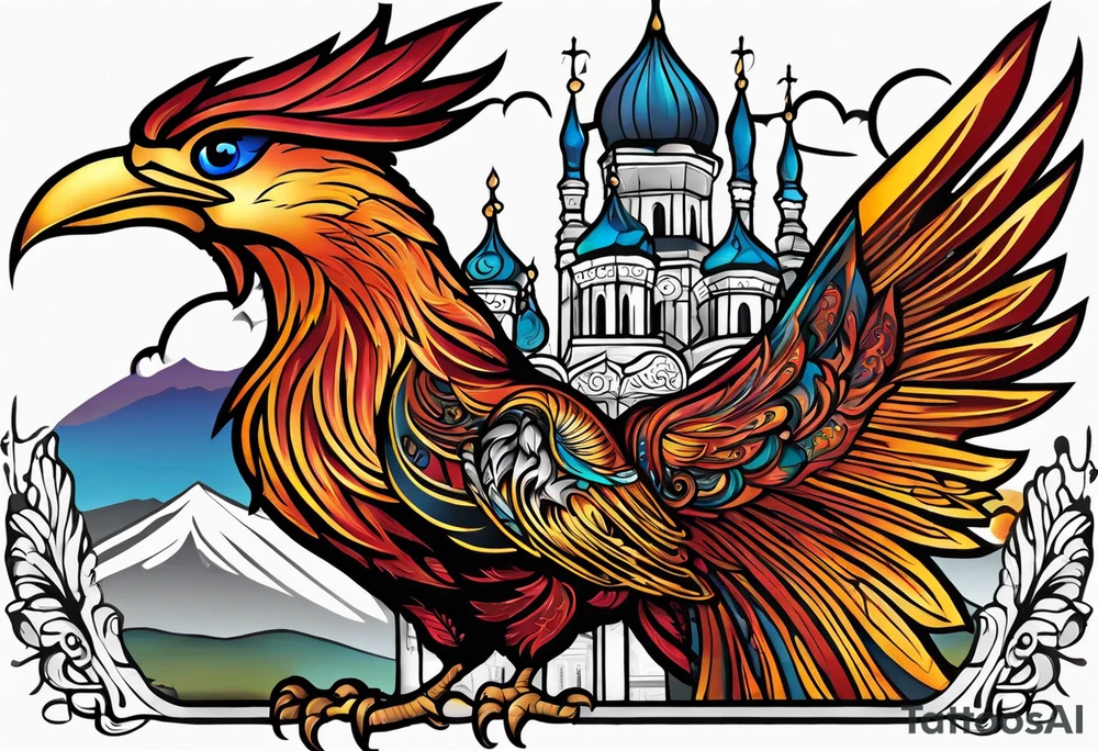 russian firebird in-flight with fancy tail and small onion cap monastery towers in background, incorporate Isaiah 43: 18-19 tattoo idea