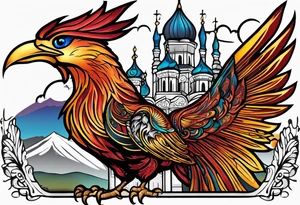 russian firebird in-flight with fancy tail and small onion cap monastery towers in background, incorporate Isaiah 43: 18-19 tattoo idea