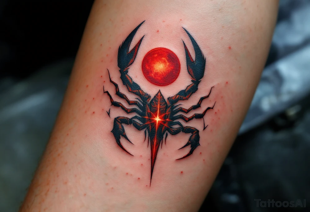 Antares blazes in blood-red defiance as Scorpius astrology symbol rises, coiled in cosmic mystery towards its star constellation tattoo idea