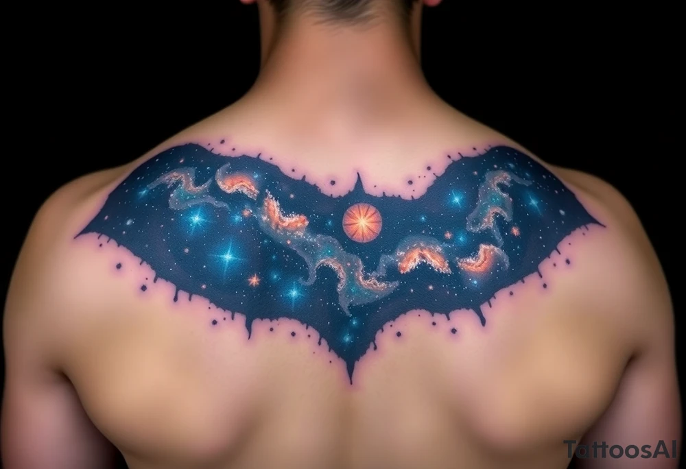 Beautiful and epic 3d milky way that appears to be what is beneath the skin. Make it drape over the shoulder and move to the middle back. use negative spaces to create stars and dust. Keep it symmetrical tattoo idea
